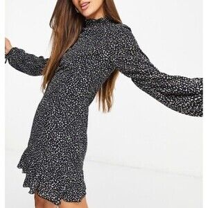 Misguided Dress 4 Tall A-Line Long Sleeve Mock Neck Chiffon Mini Black Leopard